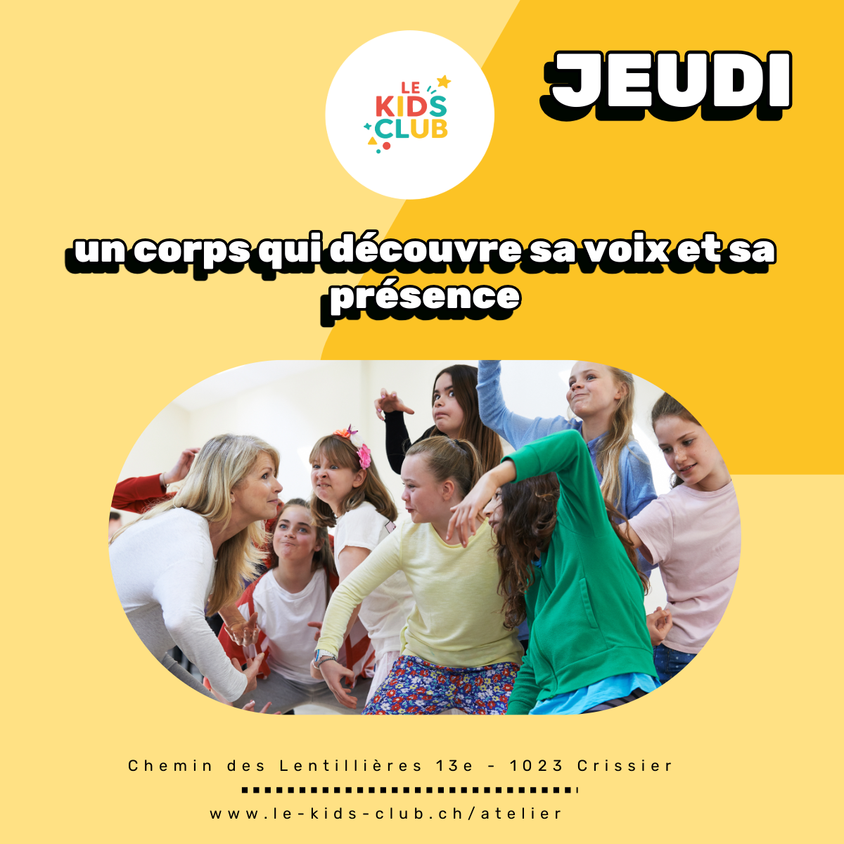 Atelier théâtre du jeudi après l’école – Kids Club Swiss à Crissier Enfants participant à l’atelier théâtre du jeudi au Kids Club Swiss à Crissier