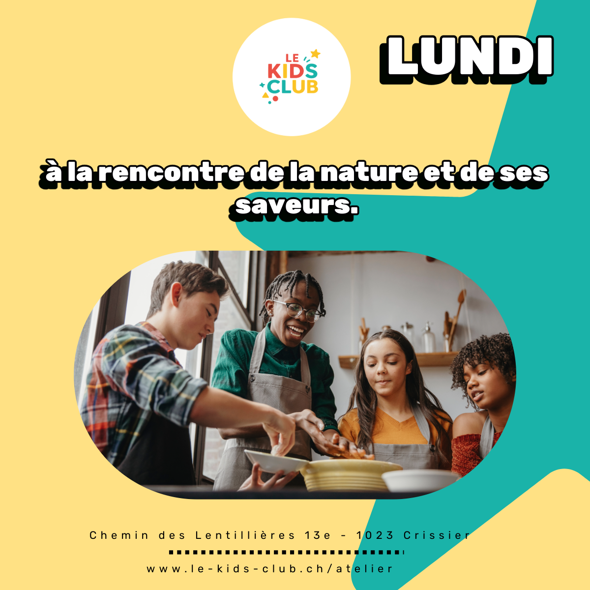 Atelier cuisine et jardinage du lundi – Kids Club Swiss Crissier Enfants cuisinant ensemble dans le cadre de l’atelier du lundi au Kids Club Swiss à Crissier