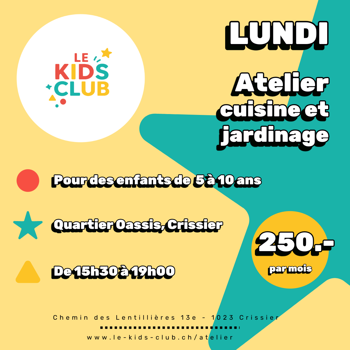 Lundi : Atelier cuisine et jardinage – Kids Club Swiss Crissier Affiche du programme du lundi – Atelier cuisine et jardinage pour enfants à Crissier avec Kids Club Swiss