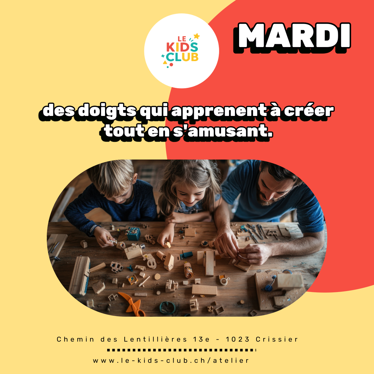 Atelier bricolage du mardi – Créativité et motricité au Kids Club Swiss Crissier Enfants en pleine activité de bricolage lors de l’atelier du mardi au Kids Club Swiss à Crissier